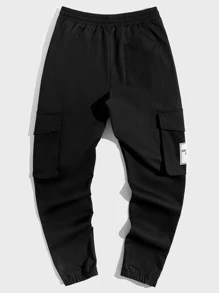 Manfinity Men Letter Graphic Flap Pocket Drawstring Waist Trousers - Black - View 2