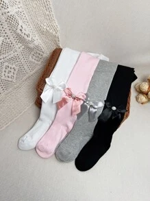 4雙小女童蝴蝶結裝飾褲襪 - 彩色 - 查看 1