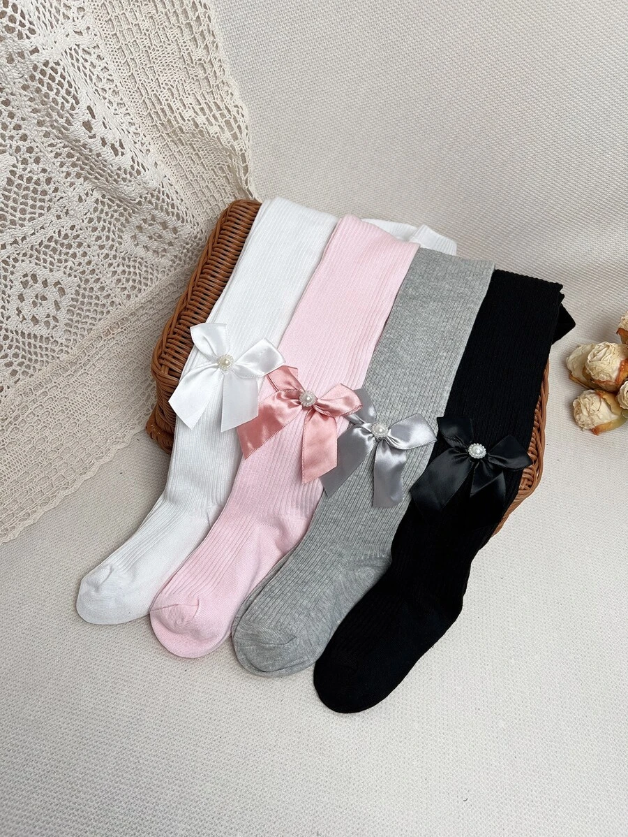 4雙小女童蝴蝶結裝飾褲襪 - 彩色 - 查看 1