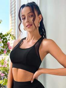 Yoga Sxy Mesh Panel Racer Back Sports Bra - Black - View 3