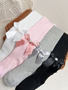 4雙小女童蝴蝶結裝飾褲襪 - 彩色 - 查看 3