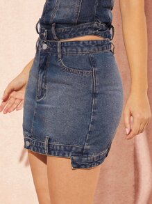 High Waisted  Buttoned Denim Skirt - Dark Wash - View 4