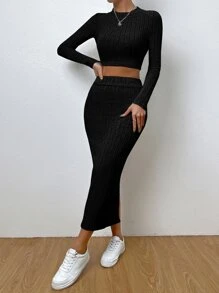 SHEIN Essnce Solid Ribbed Knit Crop Tee & Split Thigh Skirt - Black - View 1
