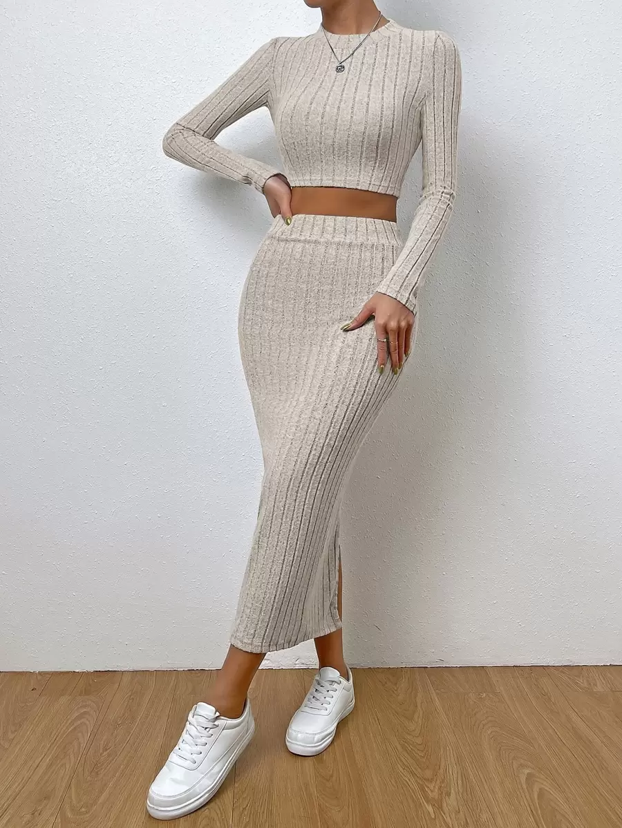 SHEIN Essnce Solid Ribbed Knit Crop Tee & Split Thigh Skirt - Apricot - View 1