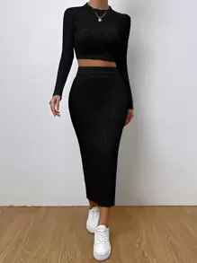 SHEIN Essnce Solid Ribbed Knit Crop Tee & Split Thigh Skirt - Black - View 4