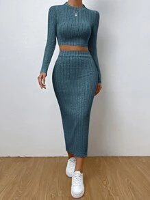 SHEIN Essnce 素色條紋針織短款T恤和高衩半身裙 - 水鴨藍 - 查看 3