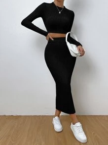 SHEIN Essnce Solid Ribbed Knit Crop Tee & Split Thigh Skirt - Black - View 5