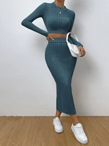 SHEIN Essnce 素色條紋針織短款T恤和高衩半身裙 - 水鴨藍 - 查看 4