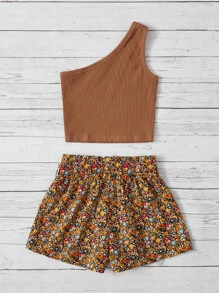 Set de 2 piezas con top de tirantes de unicolor de punto y shorts con estampado floral ditsy para niñas jóvenes
