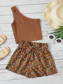 Set de 2 piezas con top de tirantes de unicolor de punto y shorts con estampado floral ditsy para niñas jóvenes