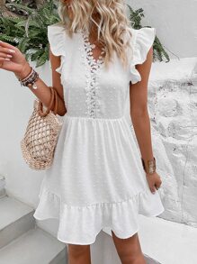 SHEIN WYWH Vestido de lunares panel con encaje bajo con fruncido - Blanco - Ver 1