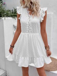 SHEIN WYWH Vestido de lunares panel con encaje bajo con fruncido - Blanco - Ver 5