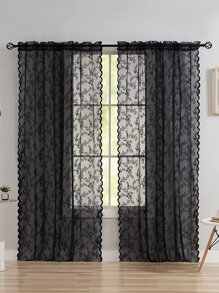 花卉蕾絲單片透視窗簾 - 黑色 - 查看 4