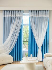 Floral Embroidered Double-layer Single Panel Curtain - Blue - View 1