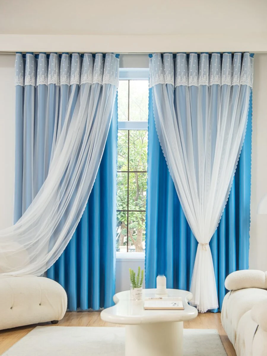 Floral Embroidered Double-layer Single Panel Curtain - Blue - View 1