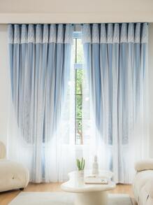 Floral Embroidered Double-layer Single Panel Curtain - Blue - View 4