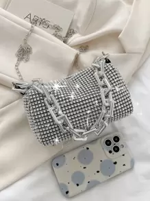Lightweight,Business Casual Rhinestone Decor Bucket Bag Mini Drawstring Design, Clear Bag Faux Pearl Bag Evening Bag,Dinner Bag Glamorous,Elegant,Exquisite,Quiet Luxury Rhinestone For Party Girl,Woman,Bride Perfect For Party,Dinner/Banquetchristmas Party Dress - Silver - View 4