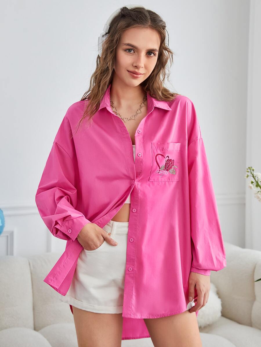 SHEIN EZwear 花卉圖案和心水鑽落肩袖高低下擺襯衫