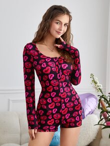 SHEIN EZwear Lip Print Half Button Unitard Romper - Multicolor - View 4