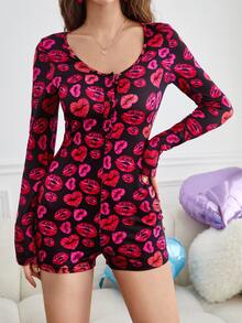 SHEIN EZwear Lip Print Half Button Unitard Romper - Multicolor - View 6
