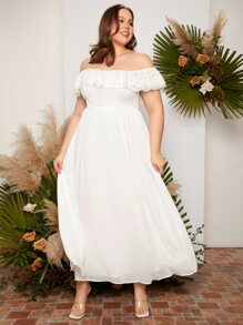 SHEIN Belle Plus Off Shoulder Ruffle Trim Chiffon Wedding Dress - White - View 1