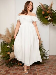 SHEIN Belle Plus Off Shoulder Ruffle Trim Chiffon Wedding Dress - White - View 4