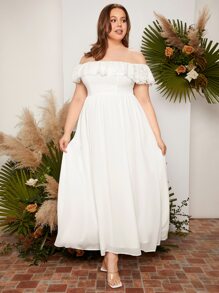 SHEIN Belle Plus Off Shoulder Ruffle Trim Chiffon Wedding Dress - White - View 5