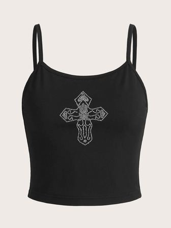 圖案水鑽吊帶上衣