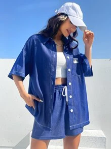 SHEIN EZwear Letter Patched Detail Pocket Front Drop Shoulder Shirt - Royal Blue - View 5