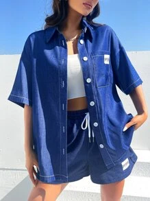 SHEIN EZwear Letter Patched Detail Pocket Front Drop Shoulder Shirt - Royal Blue - View 6