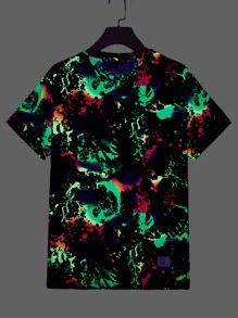 BRENVOR Men Reflective Colorful Splash Ink Print Short Sleeve Tee, For Going Out, For Friends, Summer - Black - View 4