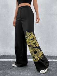 SHEIN Coolane 中國龍印花闊腿褲 - 黑色 - 查看 2