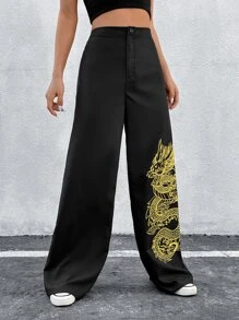 SHEIN Coolane 中國龍印花闊腿褲 - 黑色 - 查看 3