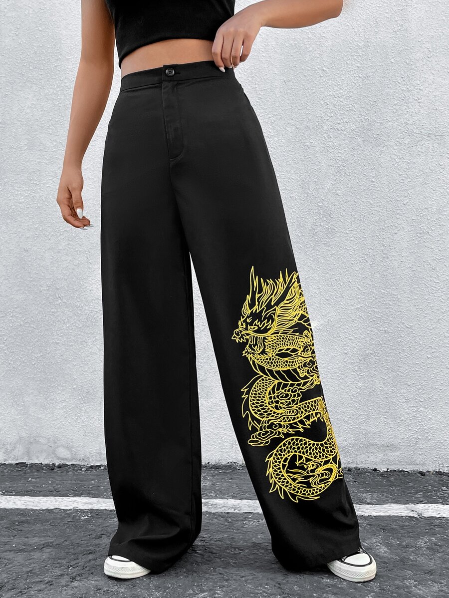 SHEIN Coolane 中國龍印花闊腿褲 - 黑色 - 查看 1