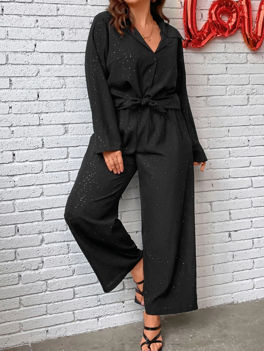 SHEIN LUNE Plus Glitter Shirt & Wide Leg Pants - Black - View 1