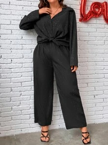 SHEIN LUNE Plus Glitter Shirt & Wide Leg Pants - Black - View 3