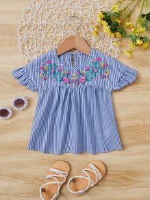 SHEIN Toddler Girls Striped Floral Embroidery Flounce Sleeve Peplum Blouse - Blue - View 1