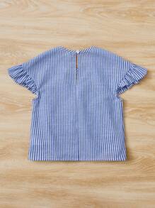 SHEIN Toddler Girls Striped Floral Embroidery Flounce Sleeve Peplum Blouse - Blue - View 2