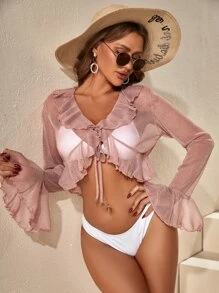 Ruffle Trim Tie Front Kimono - Baby Pink - View 5