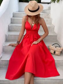 Breezaya Plunge Neck Shirred Backless Cami Dress - Red - View 1