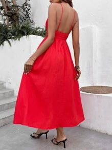 Breezaya Plunge Neck Shirred Backless Cami Dress - Red - View 2