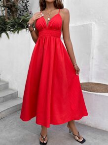 Breezaya Plunge Neck Shirred Backless Cami Dress - Red - View 6