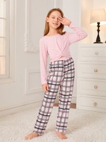 Girls Twist Front Tee & Plaid Print Trousers PJ Set - Baby Pink - View 3