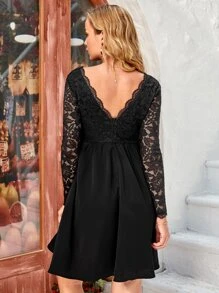 SHEIN Maternity Contrast Lace Cut Out Back Dress - Black - View 3