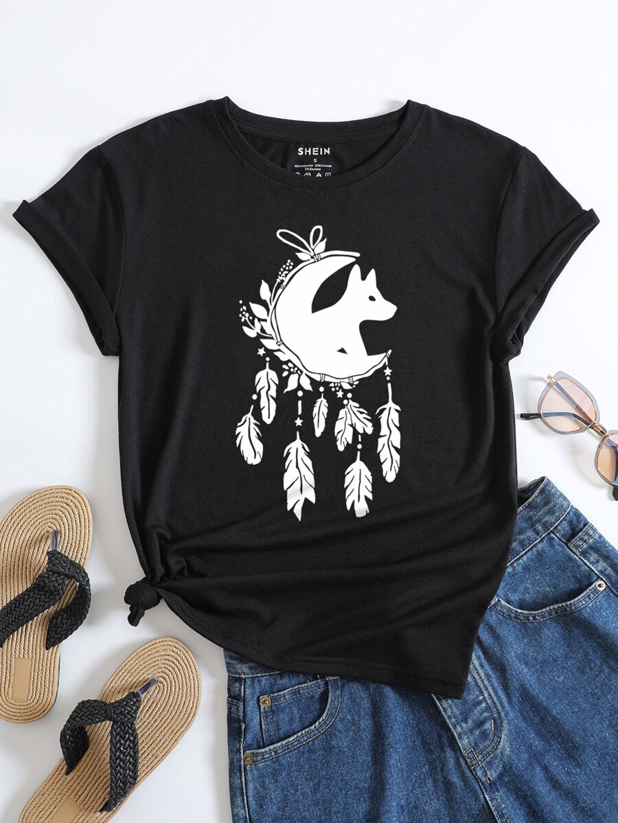 SHEIN LUNE Moon And Feather Print Tee - Black - View 1