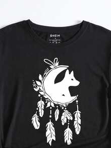 SHEIN LUNE Moon And Feather Print Tee - Black - View 3