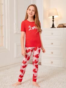 Girls Letter Graphic Tee & Heart Print Trousers Snug Fit PJ Set - Multicolor - View 3