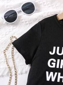 SHEIN 女小童黑色和白色休閒動物印花標語兩件套套裝帶圓形翻領和喇叭褲適合夏天 - 黑與白 - 查看 6