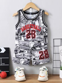 SHEIN Young Boy Black & White Letter And Cartoon Print Casual Sports Coordinating Set With Round Neck For Streetwear, Summer