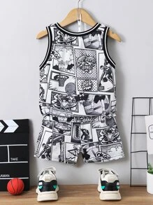 SHEIN Young Boy Black & White Letter And Cartoon Print Casual Sports Coordinating Set With Round Neck For Streetwear, Summer